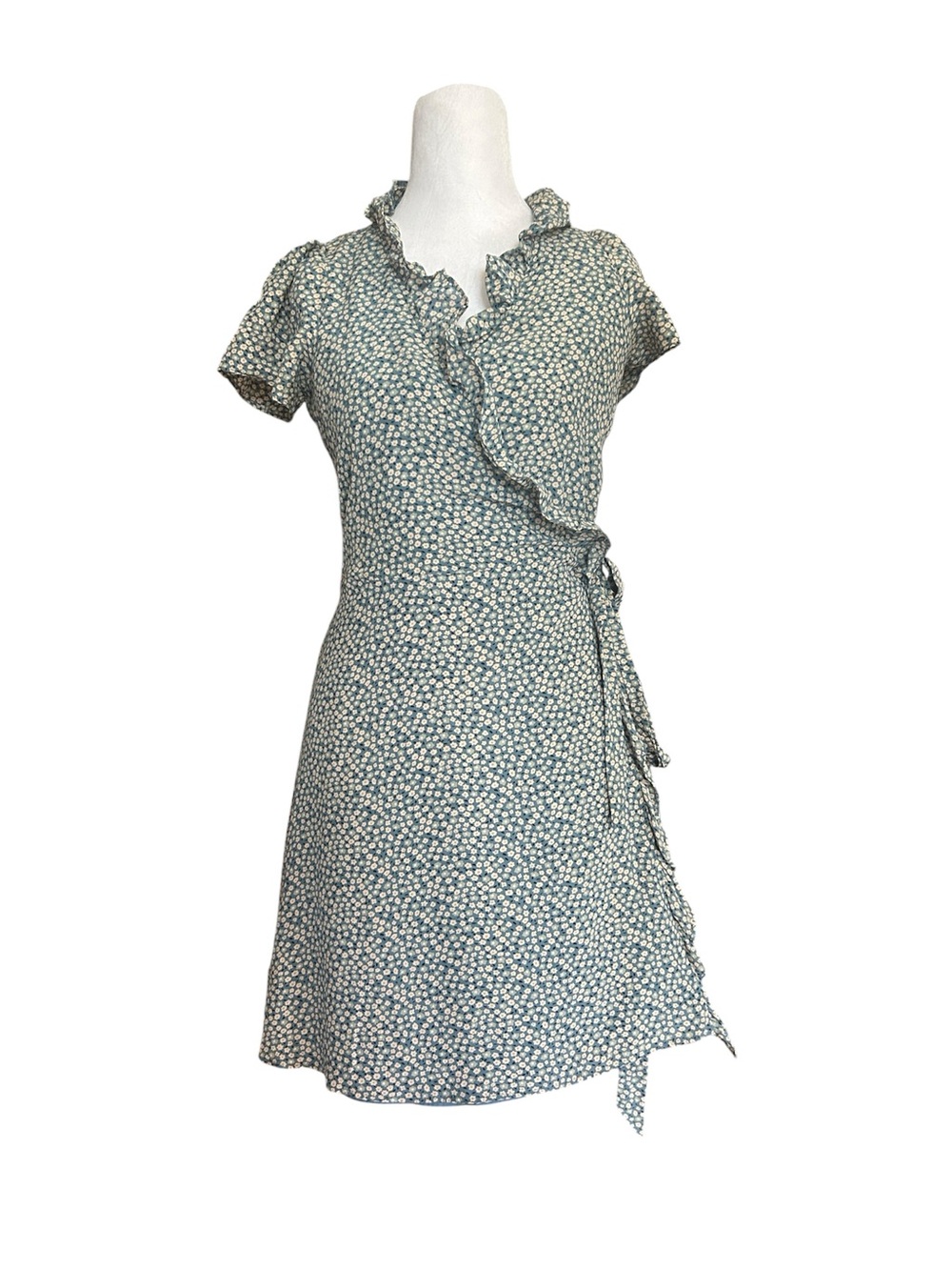 Madewell Silk Ruffle-Edge Wrap Dress Bitsy Floral Blue‎ White Mini XXS